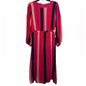 OLIPHANT Cotton Silk Scallop Stripe Polka Dot Long Midi Dress Key Hole Pink S